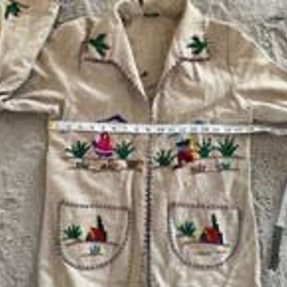 Vintage Lopez Mexican Wool Open Tourist Coat Jacket Yarn Embroidered Tan Sz S/M - Picture 9 of 12